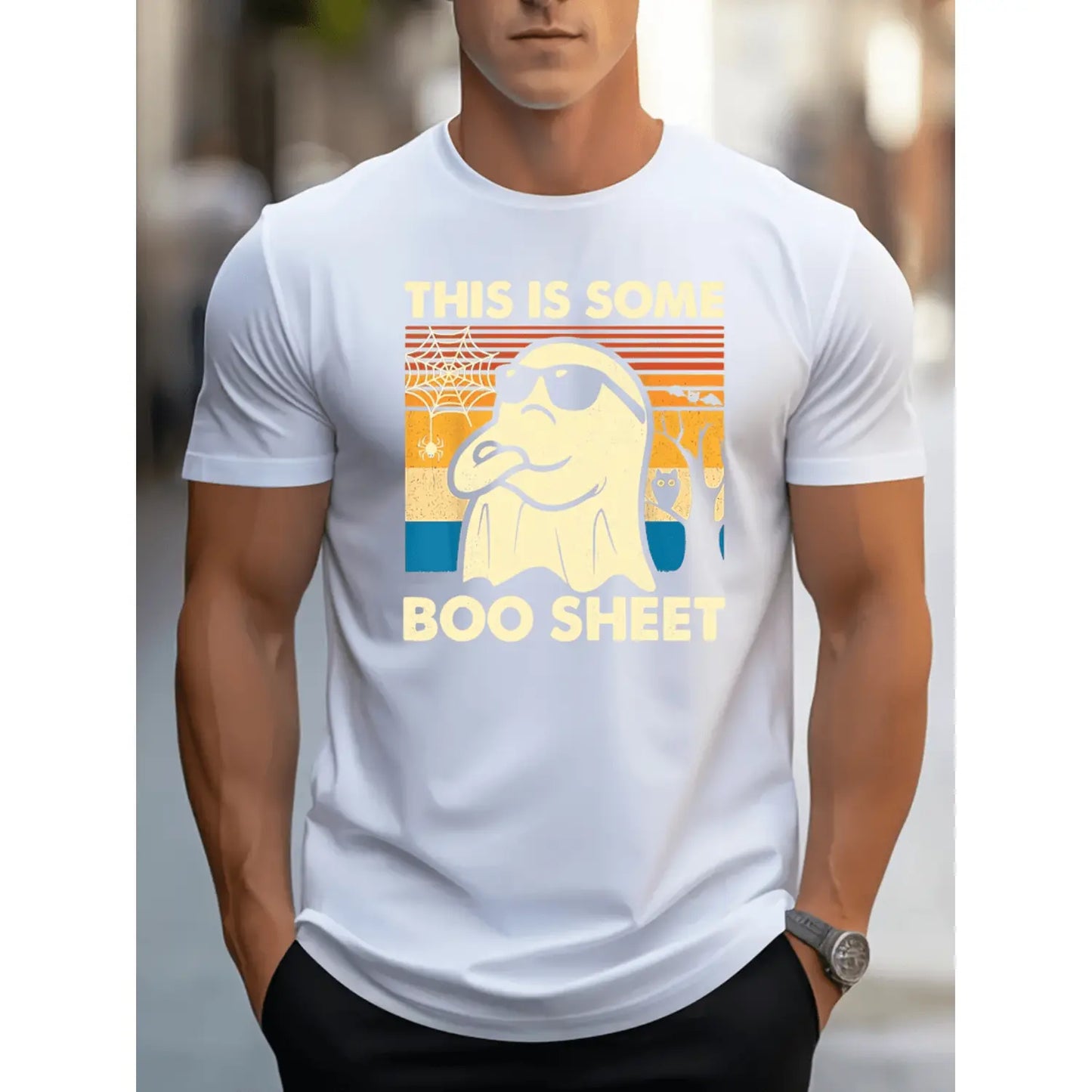 Halloween Ghost Print T-Shirt Casual Crew Neck Short Sleeve Stretch Polyester Mens Graphic Tee With Elastane Boo Sheet Pullover Top