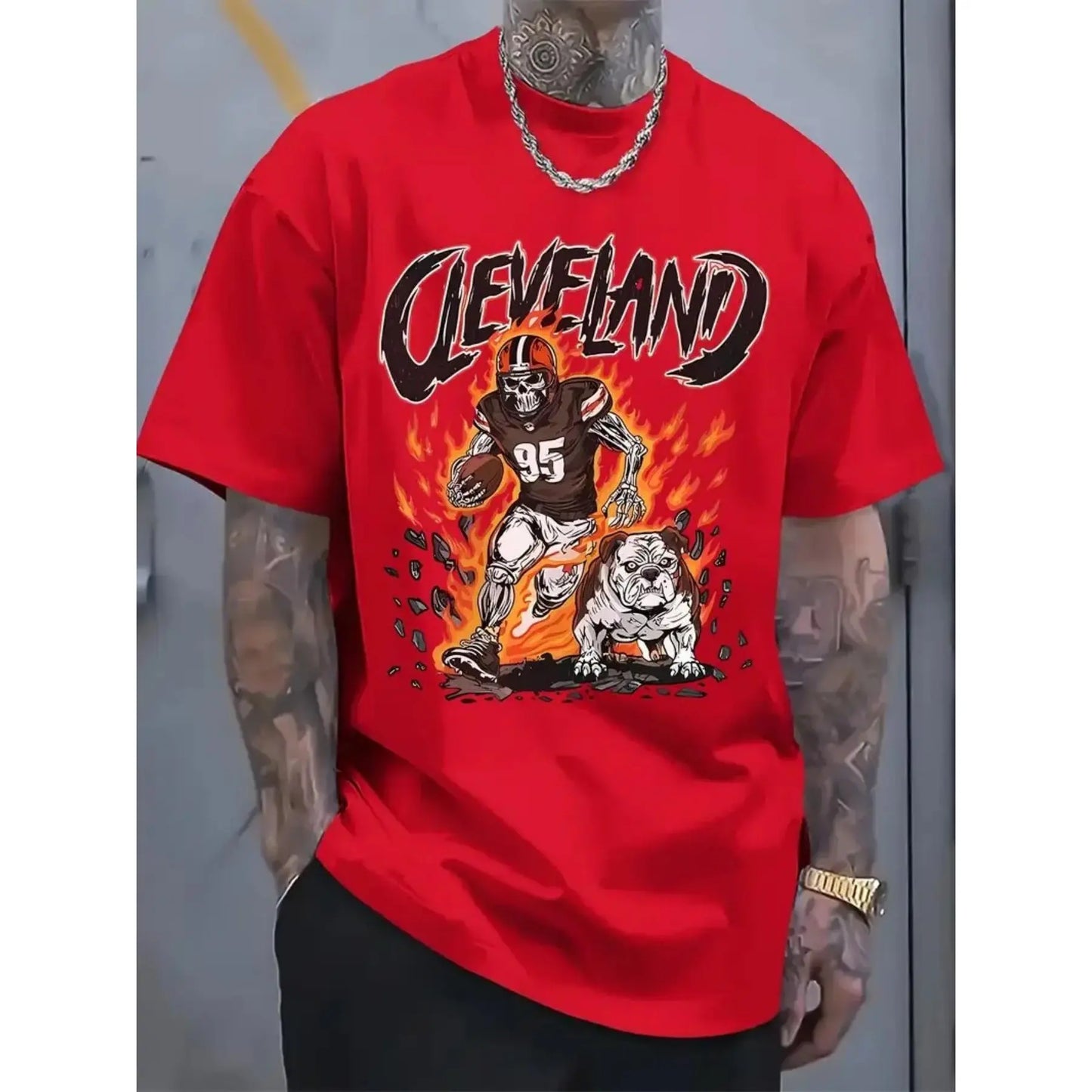 Men's Cleveland Football Graphic T-Shirt - 100%25 Cotton Regular Fit Short Sleeve Tee with Bold Flame Print, All-Season Casual Wear & Classic Holiday Gift for Sports Fans
