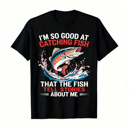 Men's Funny Fishing T-Shirt I Fish So Well The Fish All Tell Stories with Jumping Fish Graphic Lightweight Breathable 100%25 Cotton All-Season Casual Outdoor Fishing Apparel Sizes S-XXXL Machine Washable Ideal Gift  double print  Tshirt Round Neck Menswea