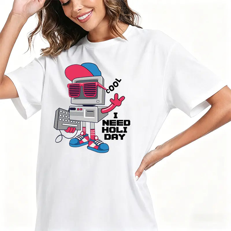 Retro PC Robot Cool Sunglasses Men's Short-Sleeve Round Neck Sporty Sports Top, Streetwear for IT Developers - Funny "I Need Holiday" Casual Outdoor T-Shirt, Sporty Sports Tops