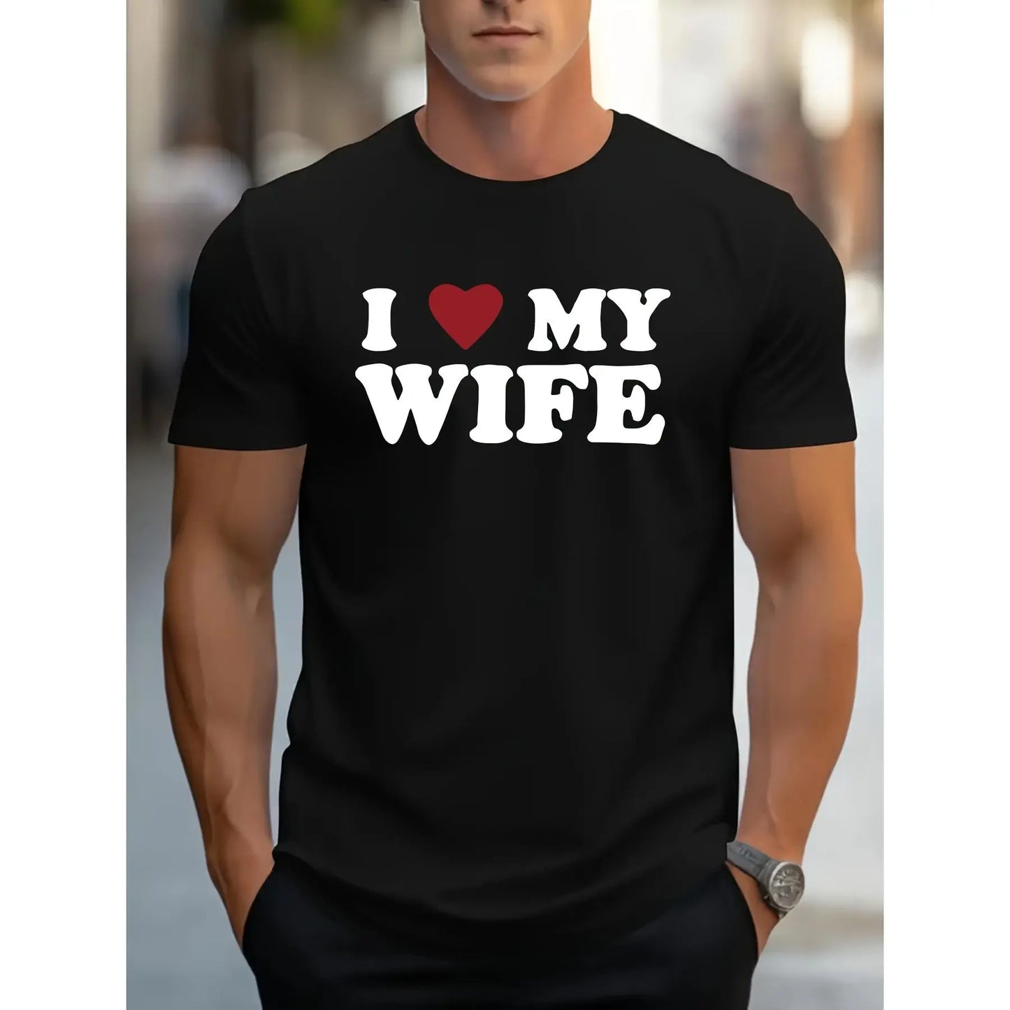 Men'S Funny "I Love My Wife" Graphic T-Shirt with Red Heart - White Casual Round Neck Short Sleeve Tee, Romantic Gift for Husband, Anniversary & Valentine'S Day, Family T-shirt, Family T-shirt In Green, T Shirt For Men, Men Graphic Tee, Funny Tshirt