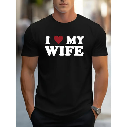 Men'S Funny "I Love My Wife" Graphic T-Shirt with Red Heart - White Casual Round Neck Short Sleeve Tee, Romantic Gift for Husband, Anniversary & Valentine'S Day, Family T-shirt, Family T-shirt In Green, T Shirt For Men, Men Graphic Tee, Funny Tshirt