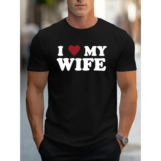 Men'S Funny "I Love My Wife" Graphic T-Shirt with Red Heart - White Casual Round Neck Short Sleeve Tee, Romantic Gift for Husband, Anniversary & Valentine'S Day, Family T-shirt, Family T-shirt In Green, T Shirt For Men, Men Graphic Tee, Funny Tshirt