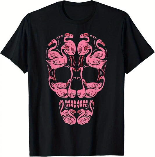 1pc Pink Flamingo Skull T-shirt | 100%25 Cotton, Flamingo Skull Print | Unisex | Halloween & Breast Cancer Awareness | Unique design, supports public welfare