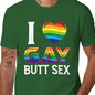 Men's "I Love Gay Butt Sex" Graphic T-Shirt, Casual 100%25 Cotton Short Sleeve Streetwear Top with Rainbow Heart, Made in USA