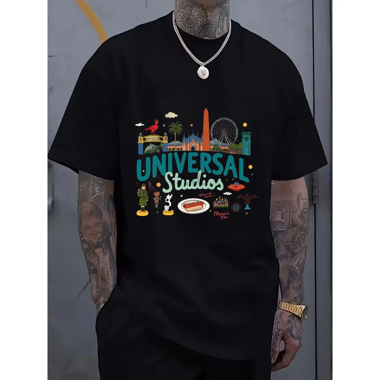 Universal Studios Cartoon Graphic 100%25 Crew Neck T-Shirt | Casual Multi-Color, Teal & Dark Green Text with White Outline, Tattoo-Friendly & Comfortable, Perfect for Festival Gifting