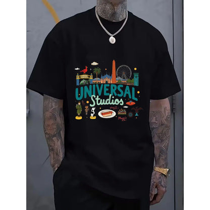 Universal Studios Cartoon Graphic 100%25 Crew Neck T-Shirt | Casual Multi-Color, Teal & Dark Green Text with White Outline, Tattoo-Friendly & Comfortable, Perfect for Festival Gifting