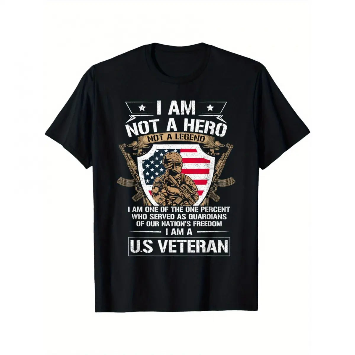 Patriotic US Veteran T-Shirt - "I Am Not a Hero, I Am a U.S. Veteran" Graphic with American Flag & Soldier Silhouette - Black Round Neck Tee for - Machine Washable, Military Apparel |       Bold Statement ShirtUnisex Crew neck T-shirt for Men And Women