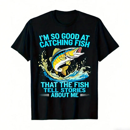 Men's Funny Fishing T-Shirt I Fish So Well The Fish All Tell Stories with Jumping Fish Graphic Lightweight Breathable 100%25 Cotton All-Season Casual Outdoor Fishing Apparel Sizes S-XXXL Machine Washable Ideal Gift  double print  Tshirt Round Neck Menswea