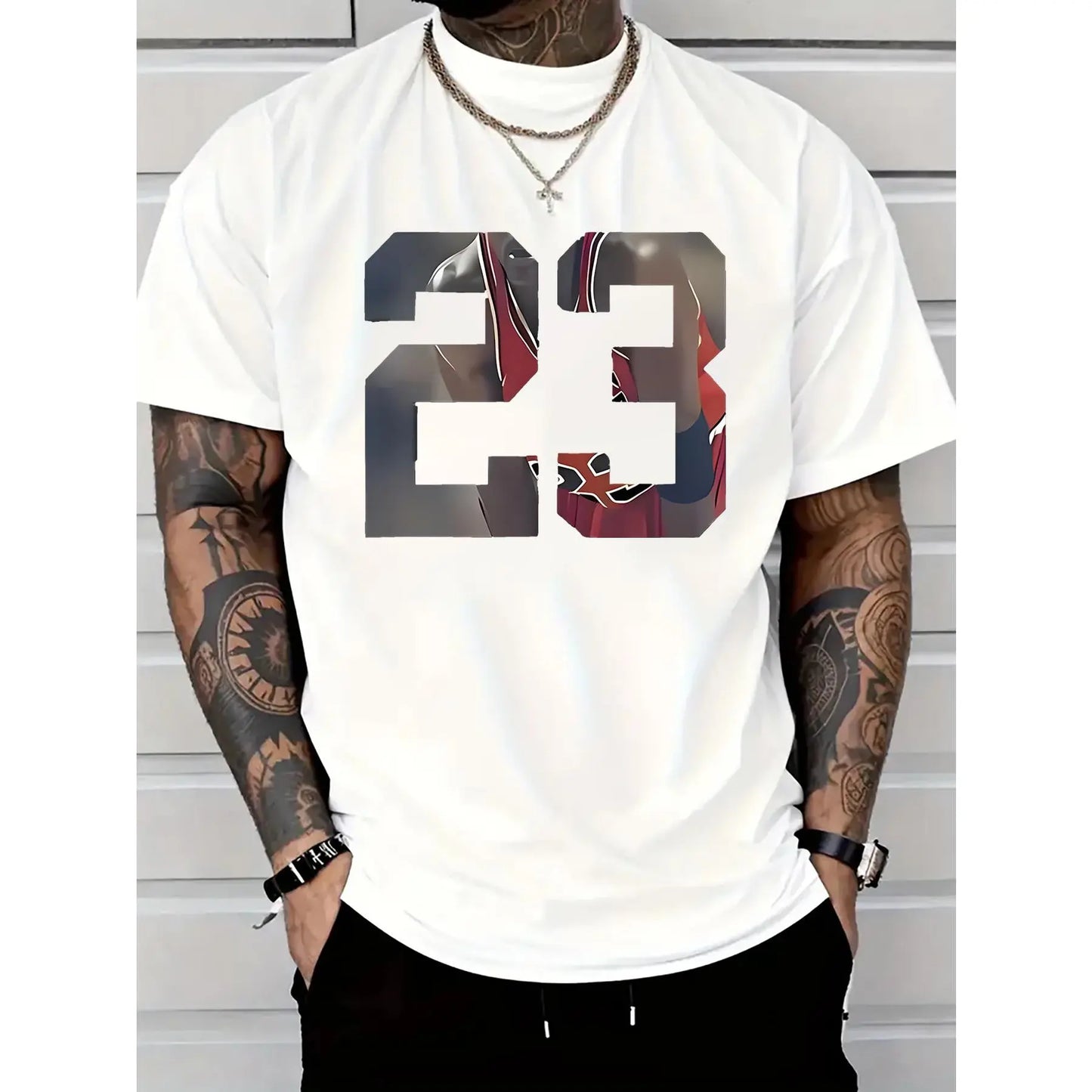 Men's 23 Graphic Printed T-Shirt - Menswear Short-Sleeve Top, 100%25 Cotton Round Neck, Casual Fashionable Versatile, Comfortable Breathable, Machine Washable, All-Season Wear