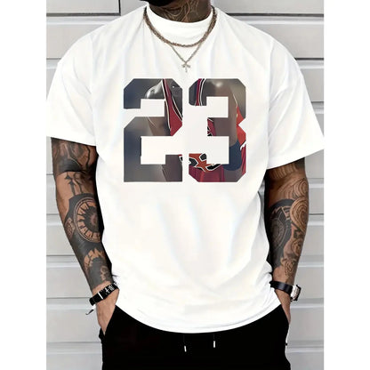 Men's 23 Graphic Printed T-Shirt - Menswear Short-Sleeve Top, 100%25 Cotton Round Neck, Casual Fashionable Versatile, Comfortable Breathable, Machine Washable, All-Season Wear