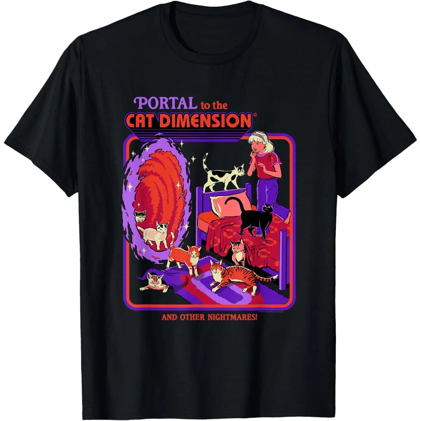 Cotton Short Sleeve Steven Rhodes Cat Dimension Portal Retro Dark Humor Artist T-Shirt For Men Women