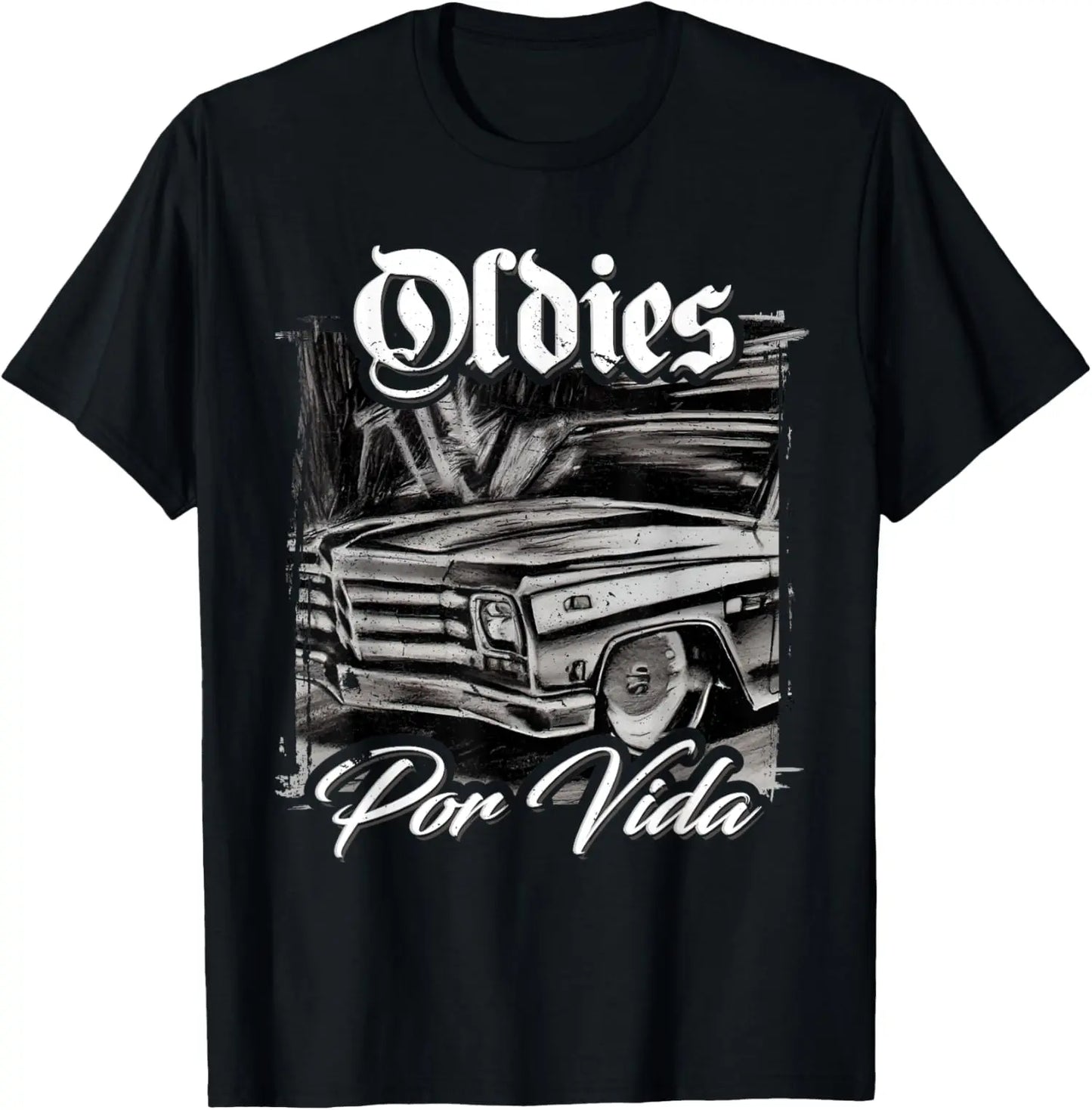 Men's Short-Sleeve Cotton Knit Fabric Vintage Car Lowrider Mexican Chicano Casual Crewneck T-Shirt - Menswear