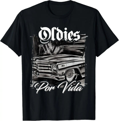 Men's Short-Sleeve Cotton Knit Fabric Vintage Car Lowrider Mexican Chicano Casual Crewneck T-Shirt - Menswear