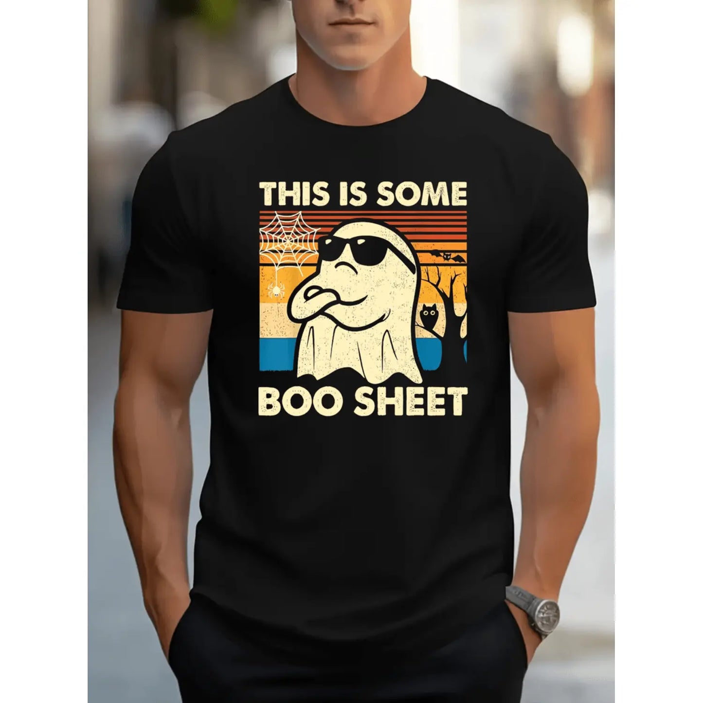 Halloween Ghost Print T-Shirt Casual Crew Neck Short Sleeve Stretch Polyester Mens Graphic Tee With Elastane Boo Sheet Pullover Top