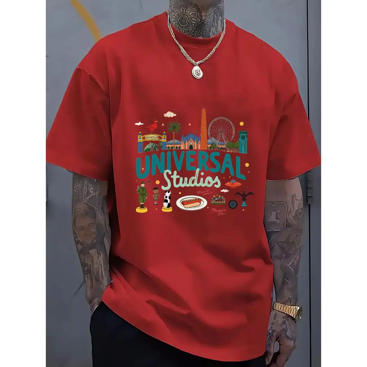 Universal Studios Cartoon Graphic 100%25 Crew Neck T-Shirt | Casual Multi-Color, Teal & Dark Green Text with White Outline, Tattoo-Friendly & Comfortable, Perfect for Festival Gifting