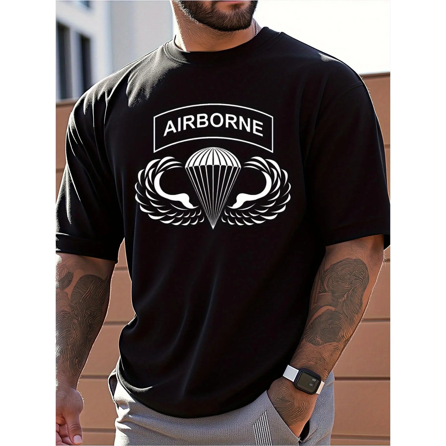 Mens Clothes, T Shirts for Men, Casual Style Design with Print, 100%25 Pure Cotton Fabric, Shirts for Men, Airborne Parachute Pattern Printed Short Sleeve T-Shirt, Military Style, Crew Neck, Loose Fit, Suitable for Daily And Outdoor Wear in Summer