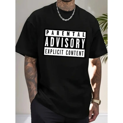 Men's 100%25 Cotton Graphic T-Shirt - "Parental Advisory Explicit Content" Bold Print, Casual Round Neck, Shortsleeve, Regular Fit Menswear Top for Summer Streetwear, Trendy Wardrobe Staple