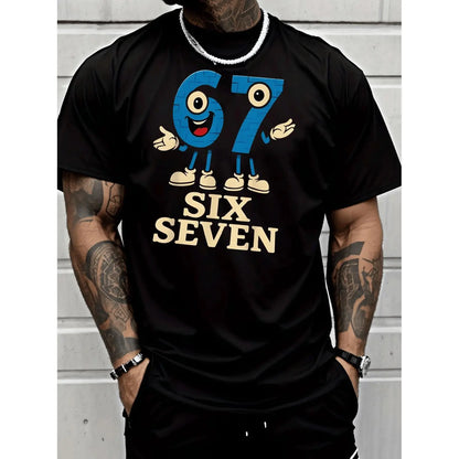 Crewneck Men's Fashion Street Style Casual Trendy Graphic T-Shirt Blue Number 67 Character Mascot with Big Eyes Red Mouth White Shoes Six Seven Text Breathable Lightweight All Seasons