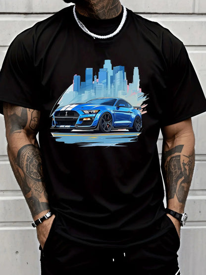 Men's Black Short Sleeve T-Shirt with Sports Car Cityscape Pattern, Casual Streetwear Tee, Perfect for Everyday Wear, Comfortable Cotton Blend Fabric, Unique Automotive Design for Car Enthusiasts, Modern Fit Graphic Top