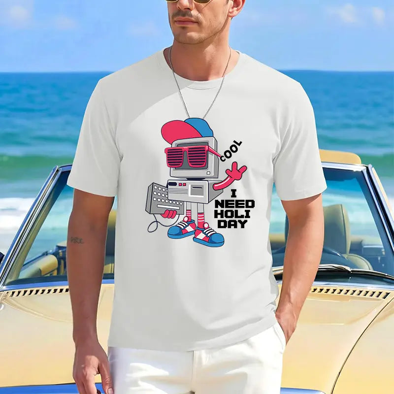Retro PC Robot Cool Sunglasses Men's Short-Sleeve Round Neck Sporty Sports Top, Streetwear for IT Developers - Funny "I Need Holiday" Casual Outdoor T-Shirt, Sporty Sports Tops