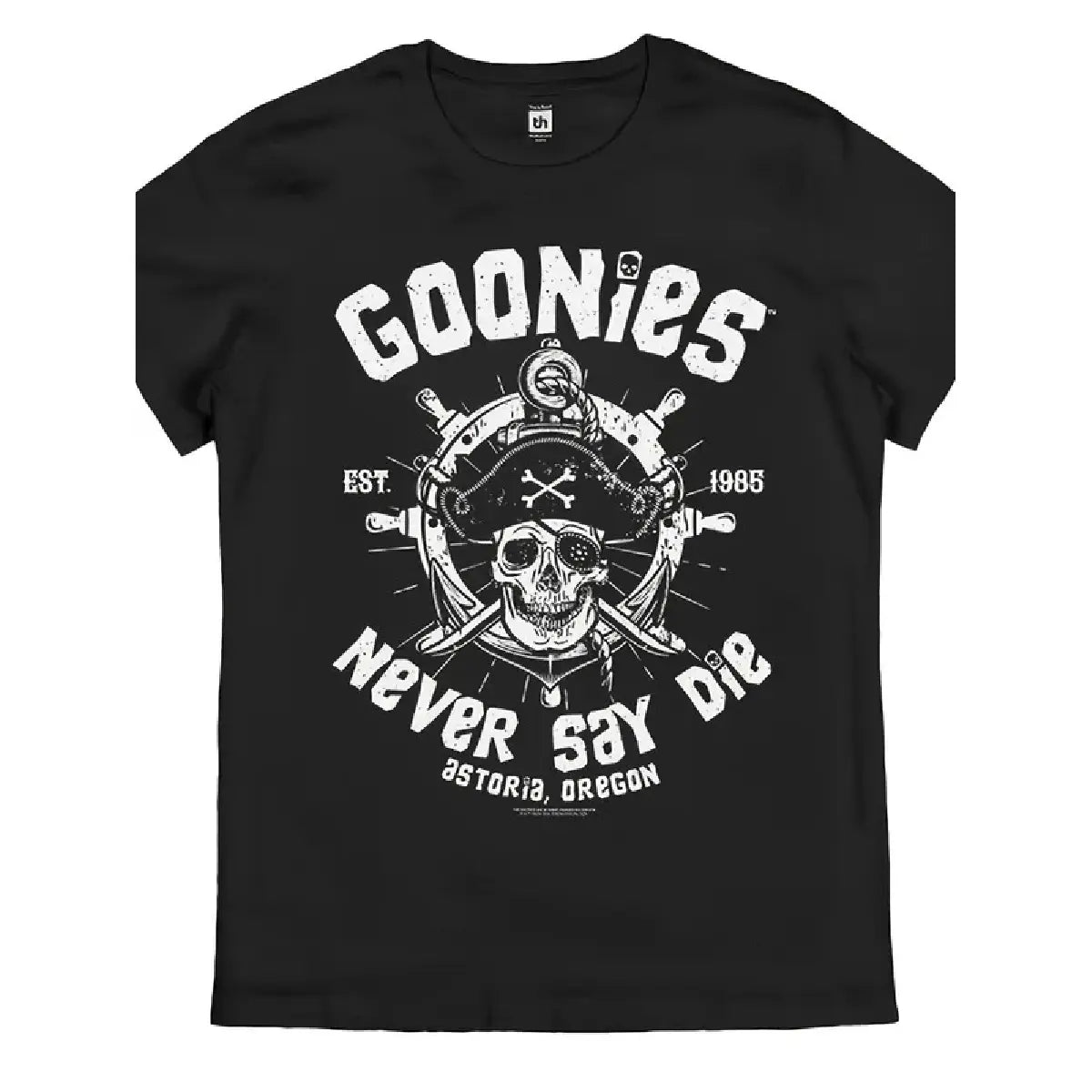 Men's Goonies Never Say Die Retro T-Shirt Officially Inspired 80s Movie Logo Iconic Skull Crossbones Pirate Design