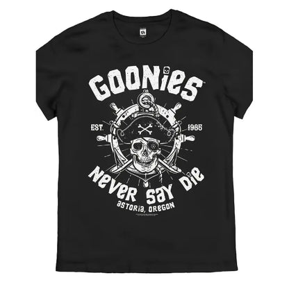 Men's Goonies Never Say Die Retro T-Shirt Officially Inspired 80s Movie Logo Iconic Skull Crossbones Pirate Design
