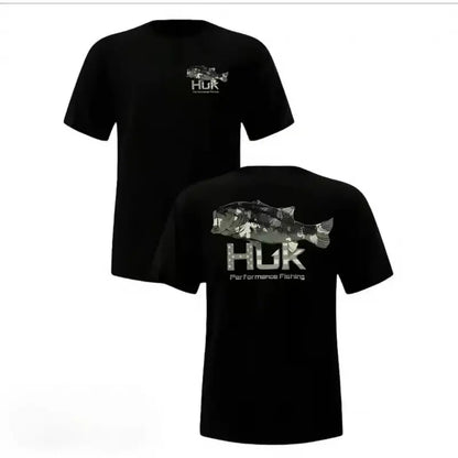 Men's Casual Crewneck HUK T - Shirt - Camo Bass Fish Graphic, Soft Cotton Summer Tee