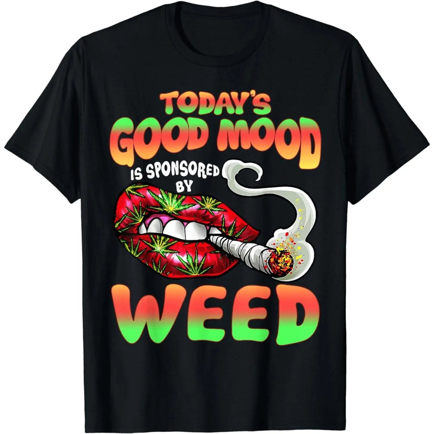 Vibrant Graphic T-Shirt with Psychedelic Lips & Weed Inspired Print, Unisex 100%25 Cotton Shortsleeve Crew Neck