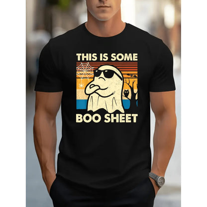 Halloween Ghost Print T-Shirt Casual Crew Neck Short Sleeve Stretch Polyester Mens Graphic Tee With Elastane Boo Sheet Pullover Top