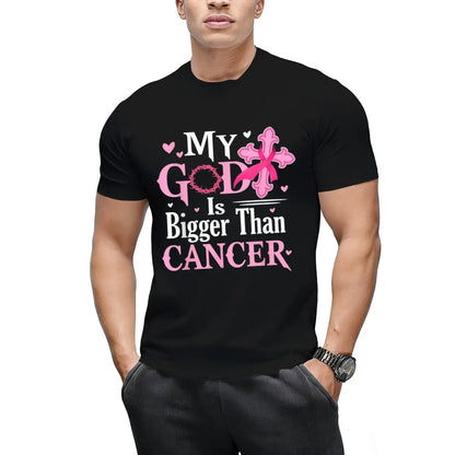 Women's Casual Short-Sleeve Round Neck Top - Breathable Fabric Shirt, Breast Cancer Awareness Garment with "My God Is Bigger Than Cancer" Jesus Design for Tropical Outdoor Beach Wear