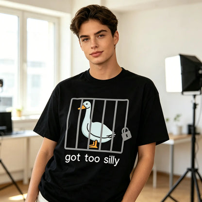 Unisex Cotton Funny Graphic Shortsleeve Round Neck T-Shirt - Silly Goose "Got Too Silly" Sporty Top, Casual Streetwear, Versatile Sports & Outdoor Gift Option (Funny Shirts, Tshirt), Sporty Sports Tops