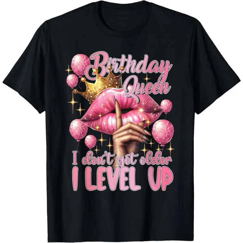 Women's Birthday Queen Graphic T-Shirt, Funny Vintage 'I Level Up' 100%25 Cotton Casual Short Sleeve Streetwear Tee