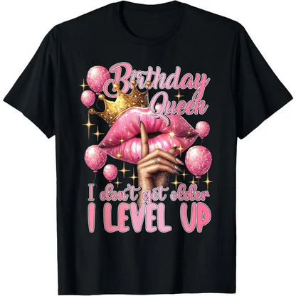Women's Birthday Queen Graphic T-Shirt, Funny Vintage 'I Level Up' 100%25 Cotton Casual Short Sleeve Streetwear Tee