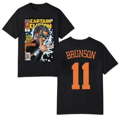 [100%25 Cotton] Captain Clutch Jalen Brunson Comic Style Graphic Tee Basketball Fans Shirt Double-Sided Design Iconic Player Number & Name Classic Cotton Unisex Oversized Streetwear Camiseta Casual Game Day Outfit Gift for Knicks Fans Basketball Apparel