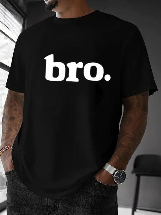 Boy's BRO casual short-sleeved T-shirt, fashionable letter-print round-neck top, soft cotton blend fabric, a comfortable T-shirt suitable for daily wear, street style, lightweight and breathable.