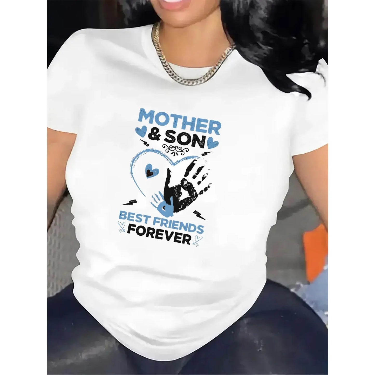 Mothers And Sons Best Friends Forever T-Shirt, Short Sleeve Crew Neck Graphic Tee, Comfy Durable Casual Top for Matching Family Look, Cute Mom Son Gift for Birthday Christmas, Daily Loungewear Shirt