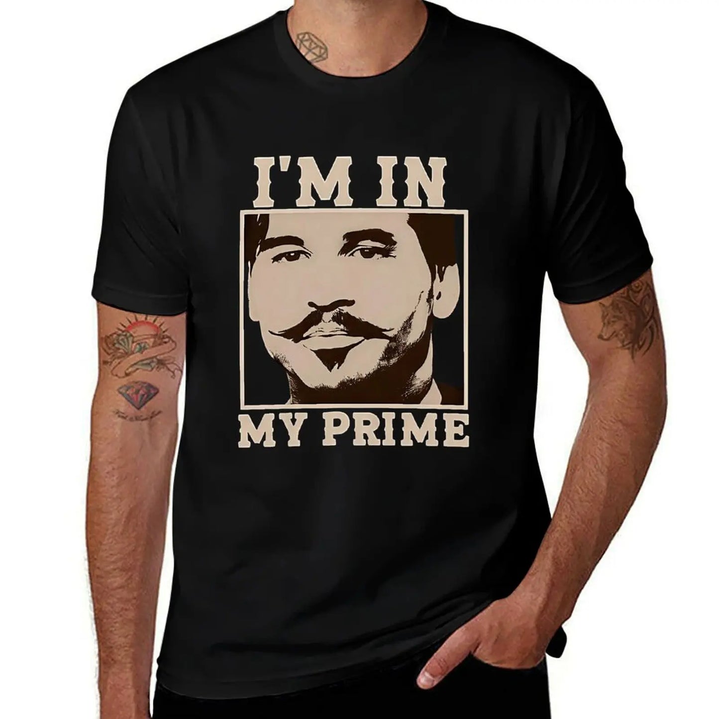 Vintage Tombstone Graphic T-Shirt for Men | Doc Holiday "I'm In My Prime" Print | Relaxed Fit Cotton Streetwear with Shortsleeve Crew Neck