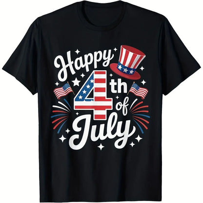 Happy 4Th of July Patriotic American Flag T Shirt for Men & Women 180Gsm Black Round Neck S Xxxl Sizes Vibrant Fireworks & Stars Print Breathable Comfort for Independence Day Cesame Style for Men And Women 2025 Summer Short-Sleeved Printed T-Shirt P