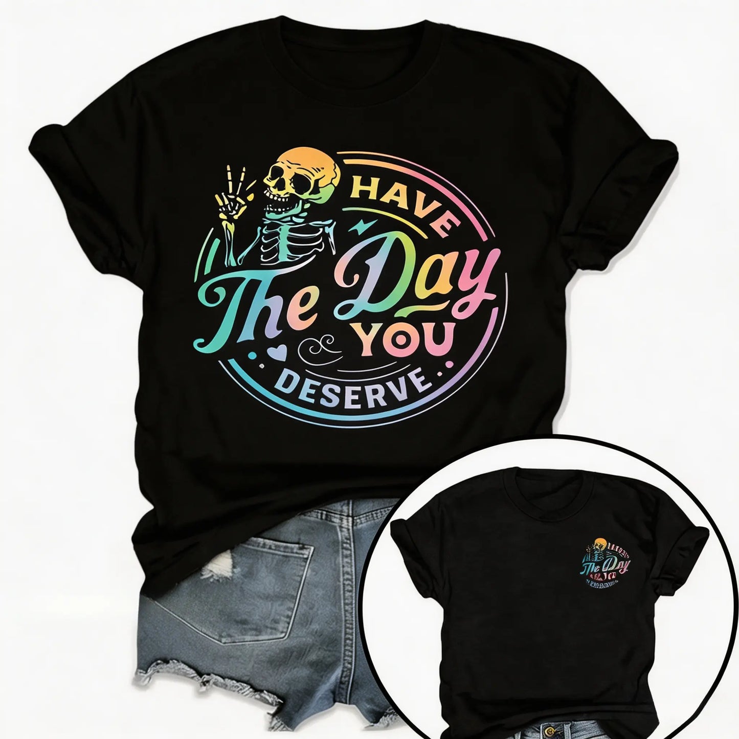 100%25 Cotton Unisex Loose Fit Short Sleeve T-Shirt, Women's Casual Daily Crew Neck Tee with Letter, Skull & Inspirational Gradient Print, Trendy Spring Summer Streetwear Top