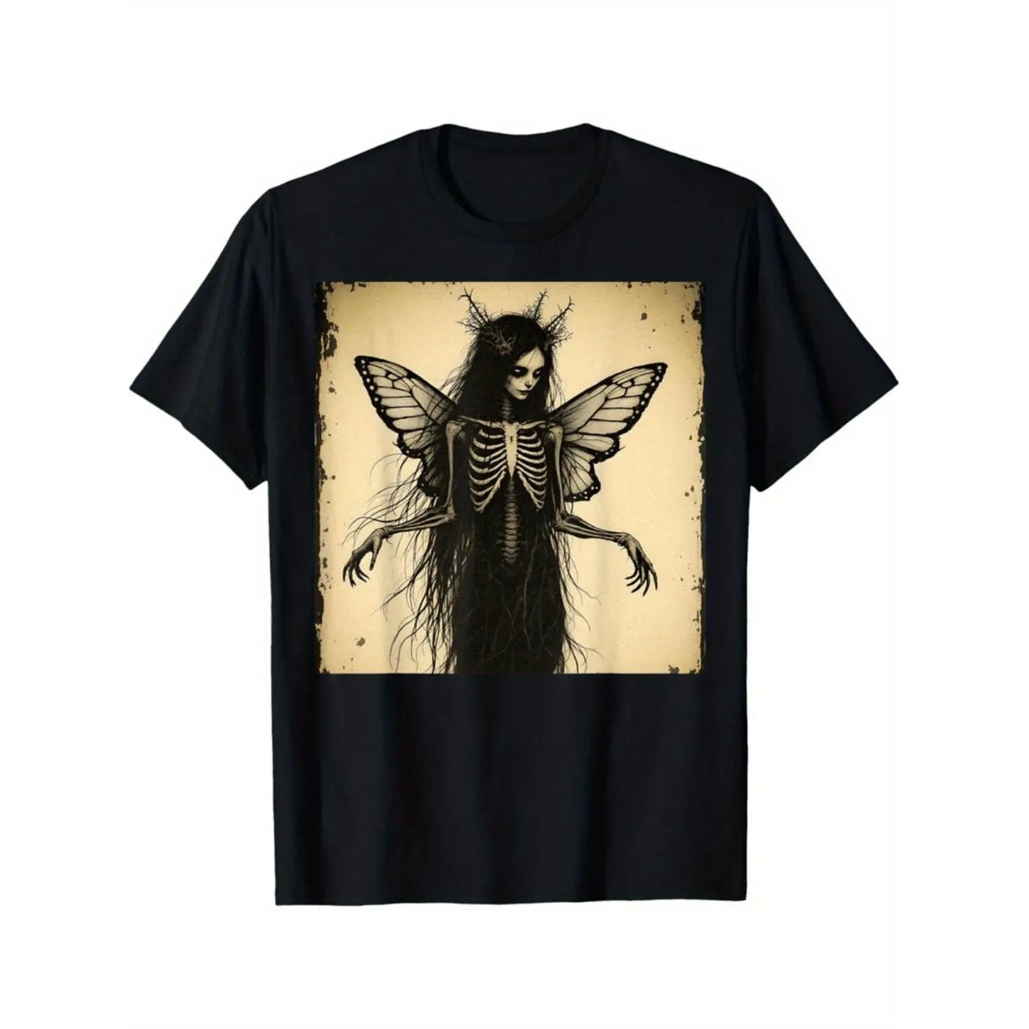 Halloween Skull T-shirt Gothic Fairy Skeleton Butterfly Dark Art T-Shirt Black Grunge Horror Graphic Tee With Ethereal Print Short Sleeve Round Neck Casual Summer Top