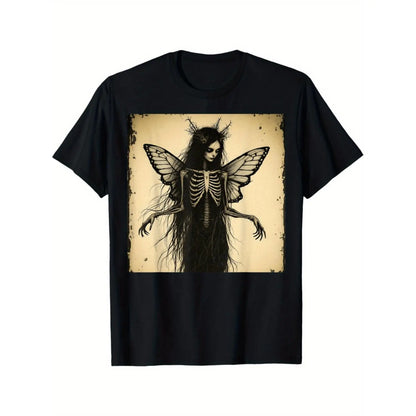 Halloween Skull T-shirt Gothic Fairy Skeleton Butterfly Dark Art T-Shirt Black Grunge Horror Graphic Tee With Ethereal Print Short Sleeve Round Neck Casual Summer Top