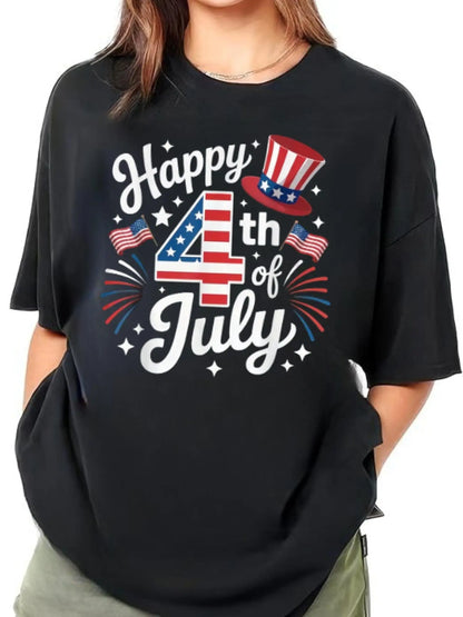Happy 4Th of July Patriotic American Flag T Shirt for Men & Women 180Gsm Black Round Neck S Xxxl Sizes Vibrant Fireworks & Stars Print Breathable Comfort for Independence Day Cesame Style for Men And Women 2025 Summer Short-Sleeved Printed T-Shirt P