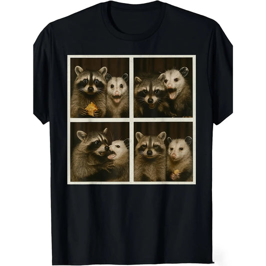 Funny Possum & Raccoon Photobooth Selfie Graphic T-Shirt - Retro Vintage Style Unisex Short Sleeve Tee with 4 Animal Selfies, All-Season Fit for Men & Women, Casual & Themed EventsUnisex Crew neck T-shirt for Men And Women,Breathable Comfortable Loose Fit
