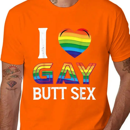 Men's "I Love Gay Butt Sex" Graphic T-Shirt, Casual 100%25 Cotton Short Sleeve Streetwear Top with Rainbow Heart, Made in USA