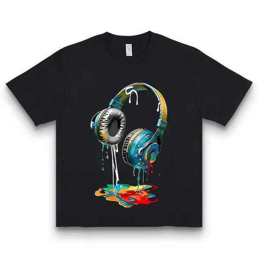 Men's Navy Blue Soft Graphic Tshirt - Shortsleeve Round Neck Thick Cotton Tee with Vibrant Headphone Print, Casual Trendy Streetwear, Machine Washable Summer Durable Casualwear