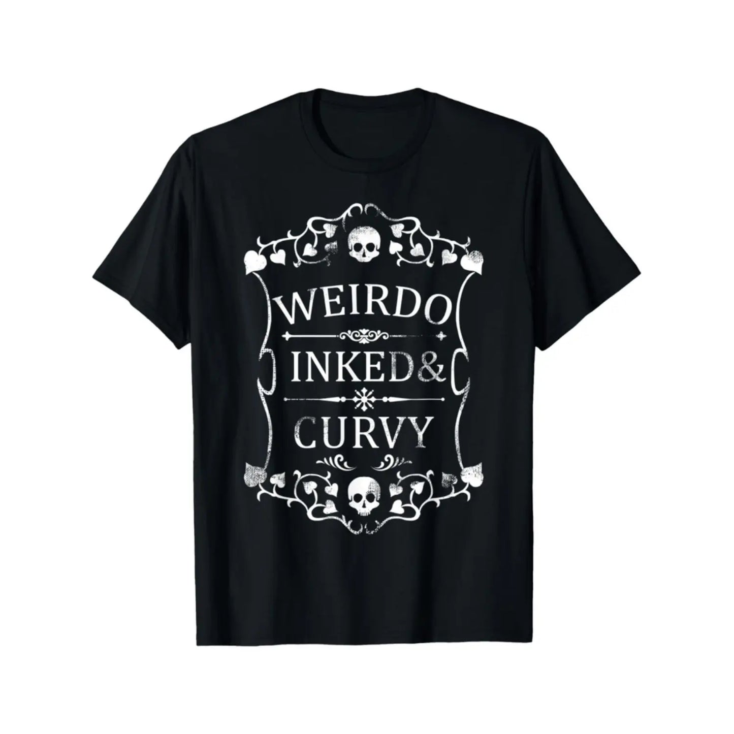Plus Size Women'S Gothic Skull & Floral Print T-Shirt - "Weird Inked & Curvy" Edgy Graphic Tee, Black Round Neck Short Sleeve Casual Top For Summer