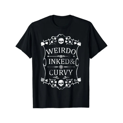 Plus Size Women'S Gothic Skull & Floral Print T-Shirt - "Weird Inked & Curvy" Edgy Graphic Tee, Black Round Neck Short Sleeve Casual Top For Summer
