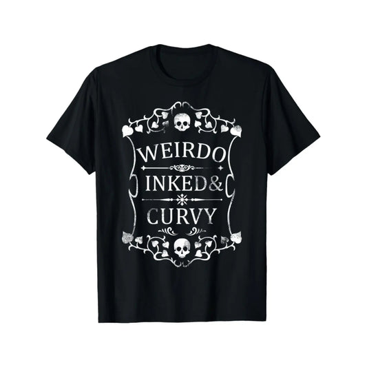 Plus Size Women'S Gothic Skull & Floral Print T-Shirt - "Weird Inked & Curvy" Edgy Graphic Tee, Black Round Neck Short Sleeve Casual Top For Summer