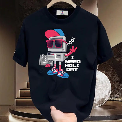 Retro PC Robot Cool Sunglasses Men's Short-Sleeve Round Neck Sporty Sports Top, Streetwear for IT Developers - Funny "I Need Holiday" Casual Outdoor T-Shirt, Sporty Sports Tops
